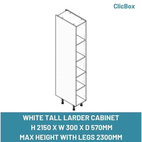 WHITE TALL LARDER CABINET  H 2150 X W 300 X D 570MM MAX HEIGHT WITH LEGS 2300MM