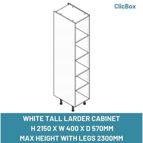 WHITE TALL LARDER CABINET  H 2150 X W 400 X D 570MM MAX HEIGHT WITH LEGS 2300MM