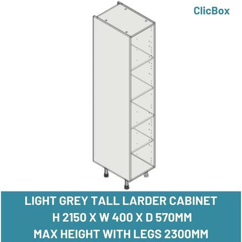 LIGHT GREY TALL LARDER CABINET  H 2150 X W 400 X D 570MM MAX HEIGHT WITH LEGS 2300MM