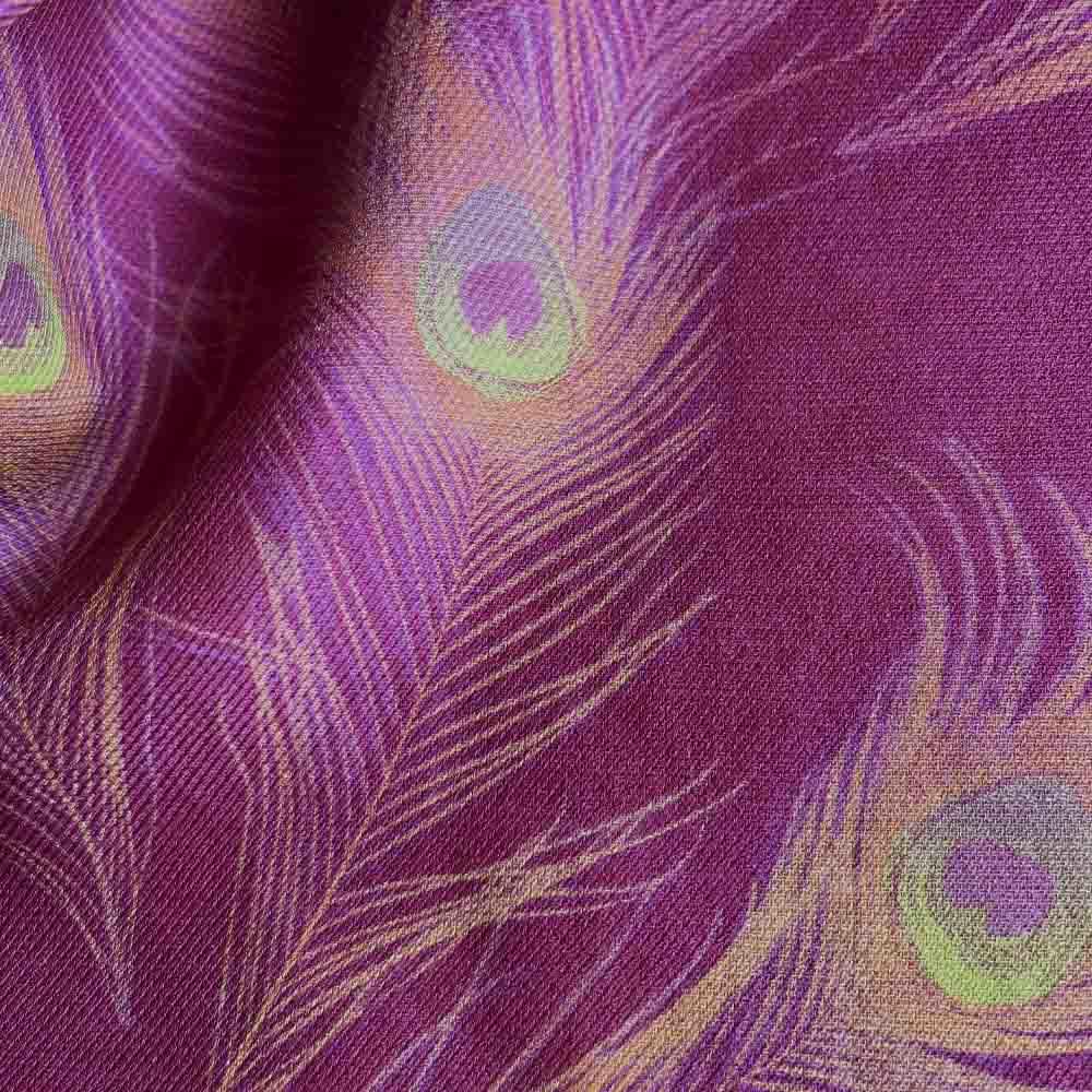 Detail of the mulberry or aubergine purple red colour showing the fine wool silk blend light texture and the peacock feather art details.