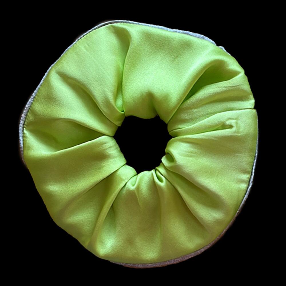Lime Green coloured large scrunchie (7cm deep) with a signature silver-grey patterned silk satin print on the reverse. Part of a luxury gift set made from 95% silk satin and 5% elastane.