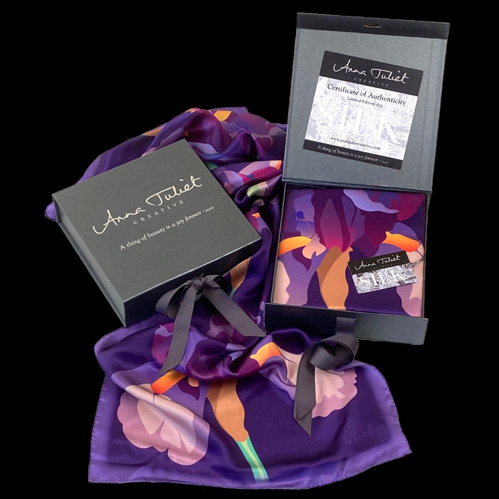 Gift Boxed luxury pure silk scarf by Anna Juliet Creative - Mauve Iris on Dark Blue with certificate of authenticity.