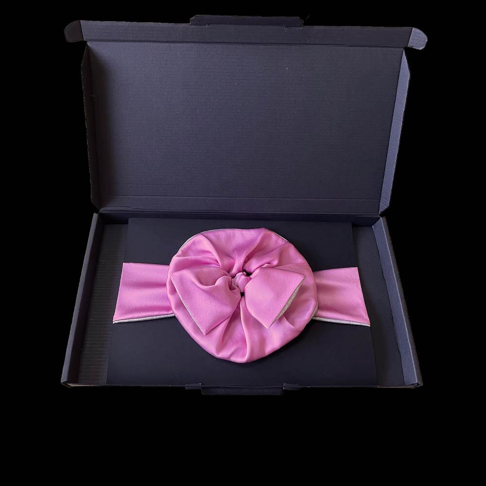 Rose pink silk headband and scrunchie luxury gift set in a black gift box.