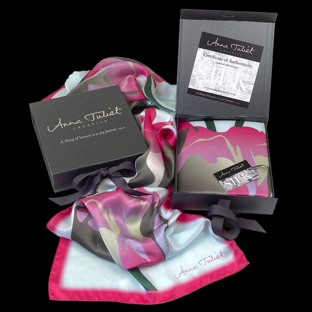 Gift Boxed luxury pure silk scarf by Anna Juliet Creative - Hot Pink Tulip on Sky Blue. with a certificate of authenticity.