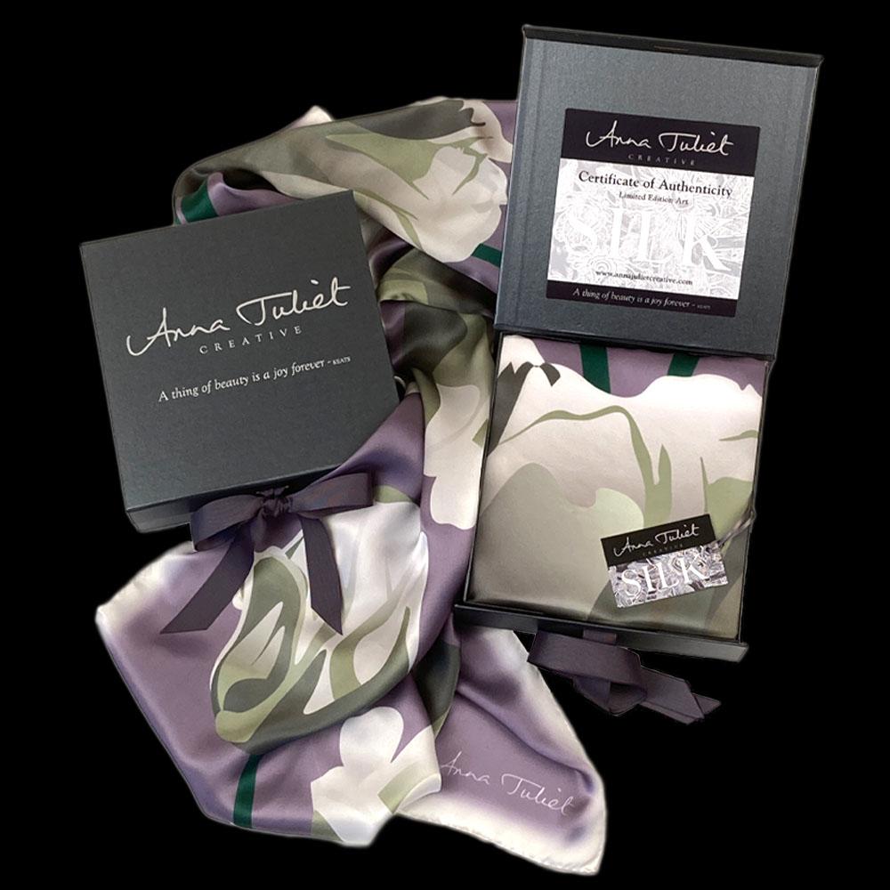 Gift Boxed luxury pure silk scarf by Anna Juliet Creative - White Tulip on Dove Grey with certificate of authenticity.