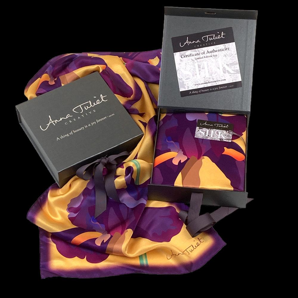 Gift Boxed luxury pure silk scarf by Anna Juliet Creative - Purple Iris on Yellow with certificate of authenticity.