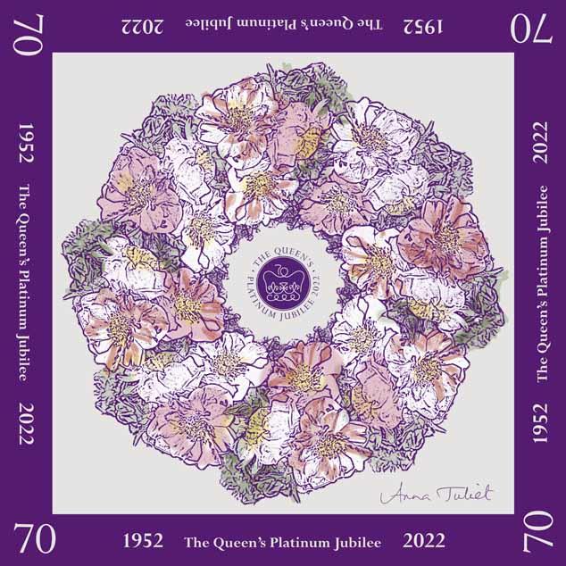 Full design of Platinum Jubilee silk head scarf showing the purple border details and red and white roses on a platinum ground, incorporating the official Platinum Jubilee emblem. The words '1952 the Queen's Platinum Jubilee 2022'  and the number 70 alternate around the border..