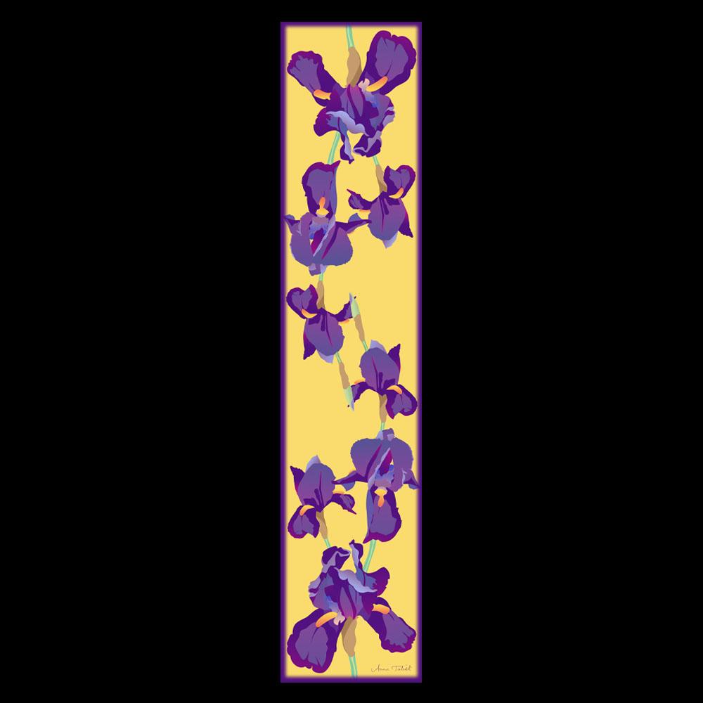 Limited edition silk scarf by Anna Juliet Creative. Purple Iris on Yellow full design.