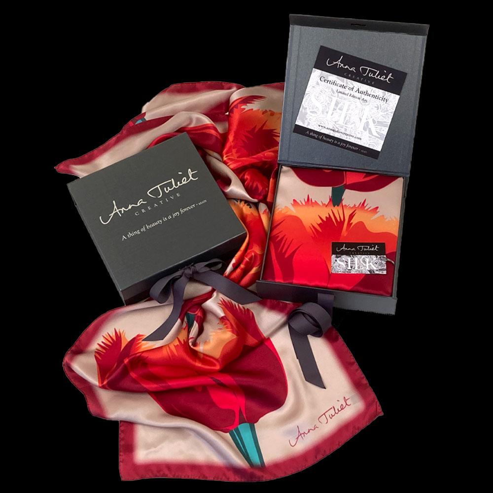 Gift Boxed luxury pure silk scarf by Anna Juliet Creative - Orange and Pink Tulip on Beige design with certificate of authenticity.
