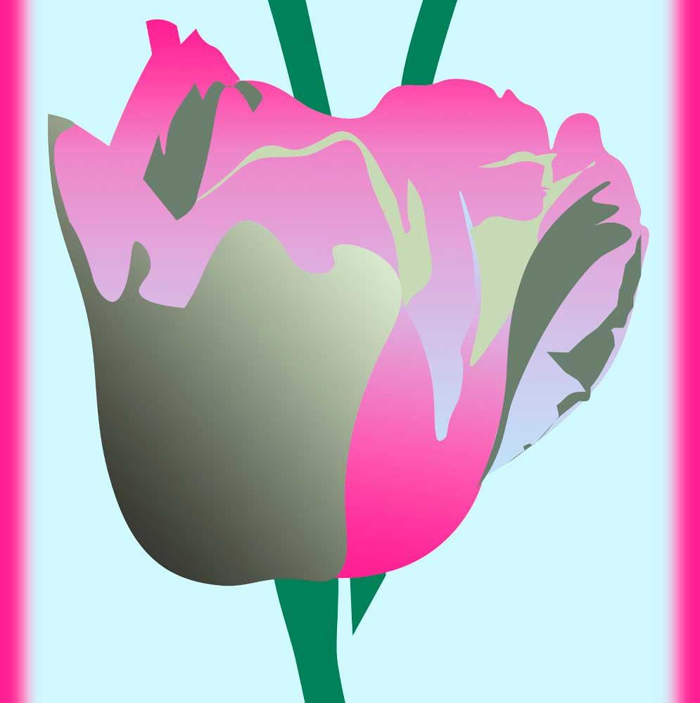 Long silk scarf by Anna Juliet Creative. Hot Pink Tulip on Sky Blue design detail showing a single large pink tulip.