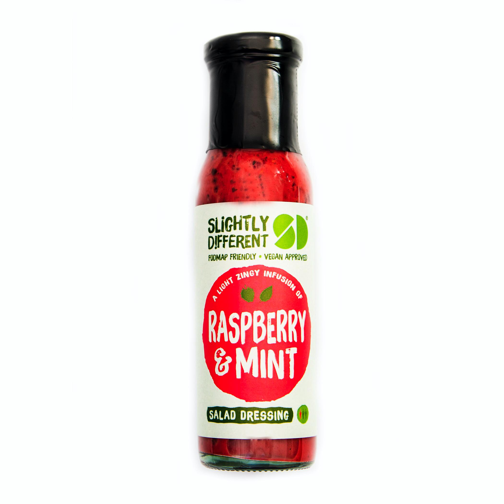 A bottle of Slightly Different's Raspberry & Mint Salad Dressing