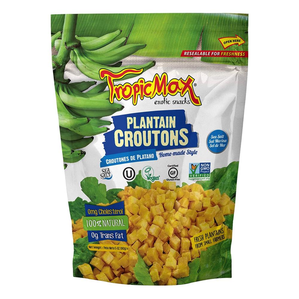 A packet of Tropicmax Salted Plantain Croutons