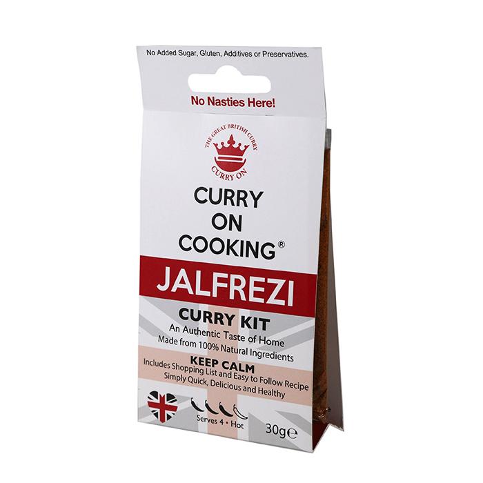 A packet of Curry On Cooking's Jalfrezi Curry Kit, seen from the front