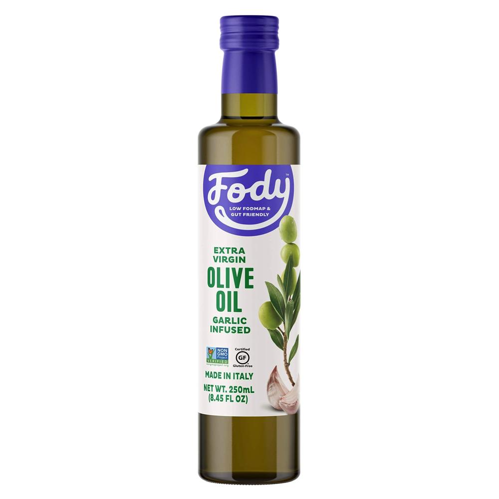 A bottle of Fody garlic infused extra virgin olive oil