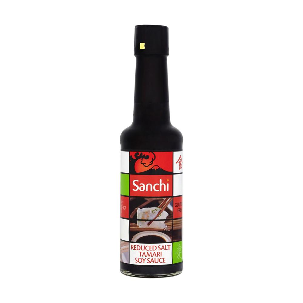 A bottle of Sanchi Reduced Salt Tamari Gluten Free Soy Sauce