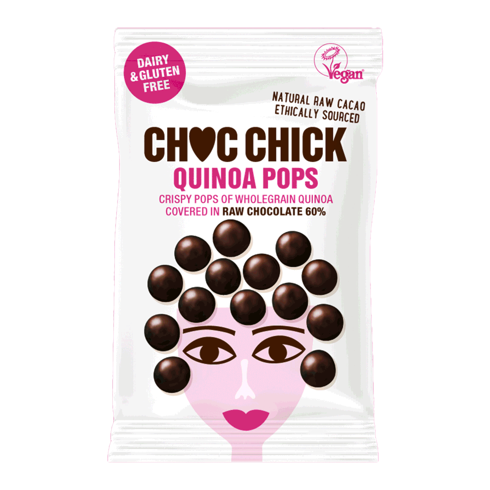 A packet of Choc Chick quinoa pops in raw chocolate