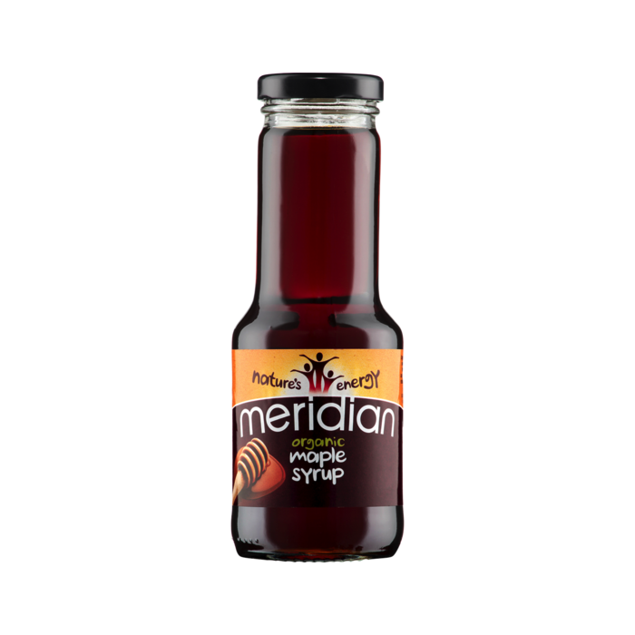 A bottle of Meridian Organic Maple Syrup