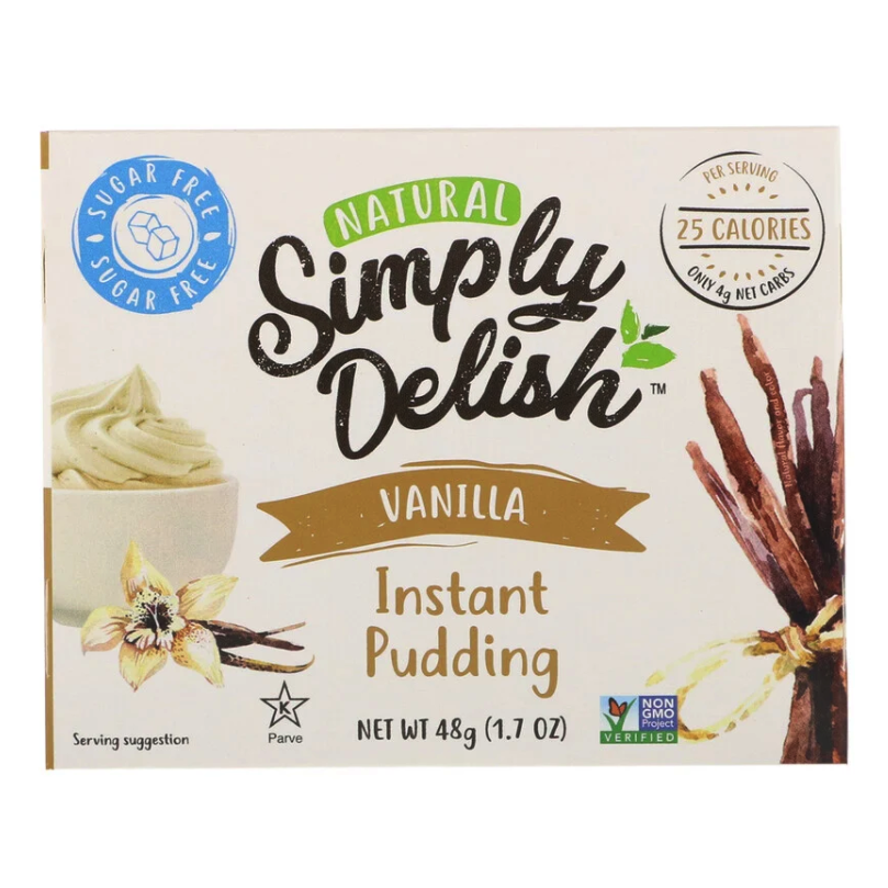A box of Simply Delish Natural Vanilla Pudding