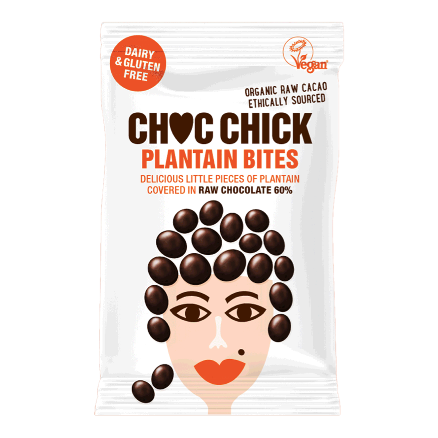 A packet of Choc Chick plantain bites