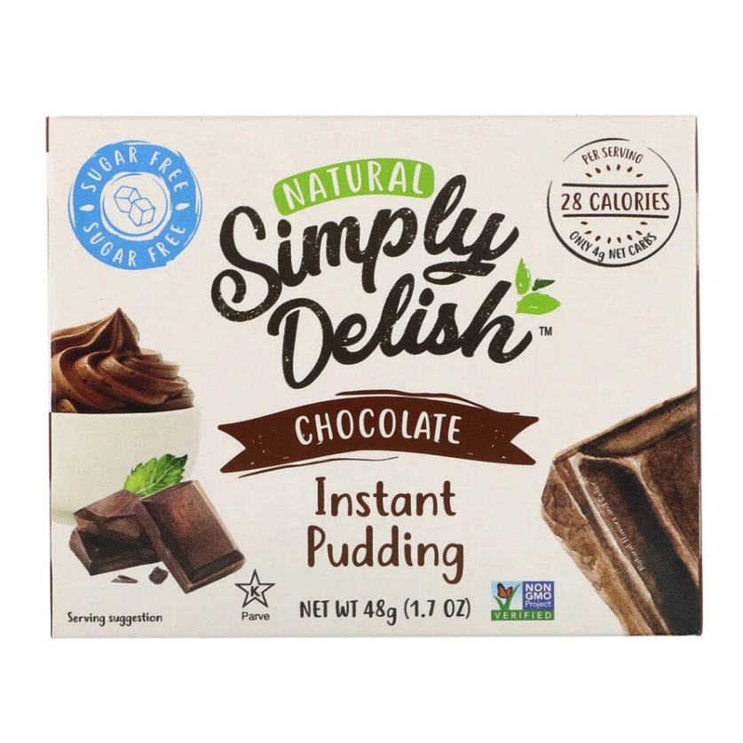 A box of Simply Delish Natural Chocolate Pudding