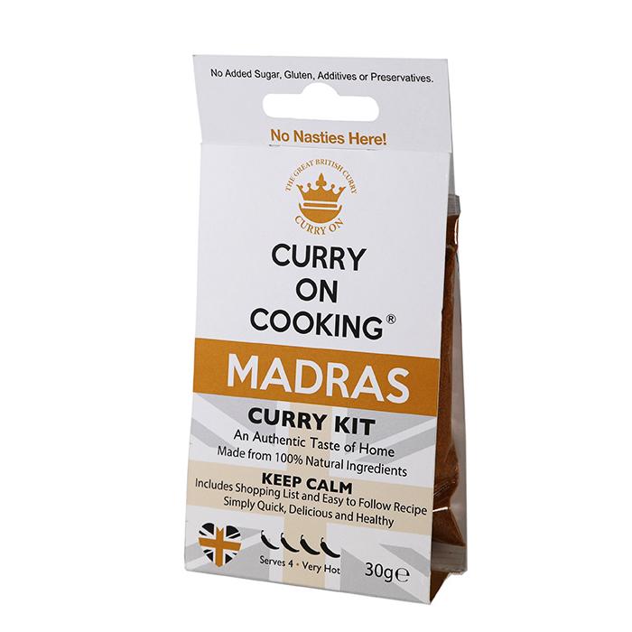 A packet of Curry On Cooking's Madras Curry Kit, seen from the front