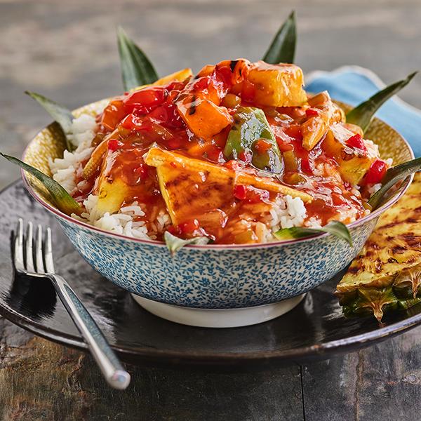 A bowl of vegetables and rice made with Bay's award-winning Sweet & Sour sauce