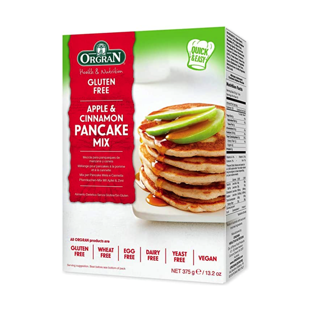 A box of Orgran Apple & Cinnamon Pancake Mix