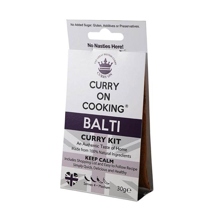 A packet of Curry On Cooking's Balti Curry Kit, seen from the front