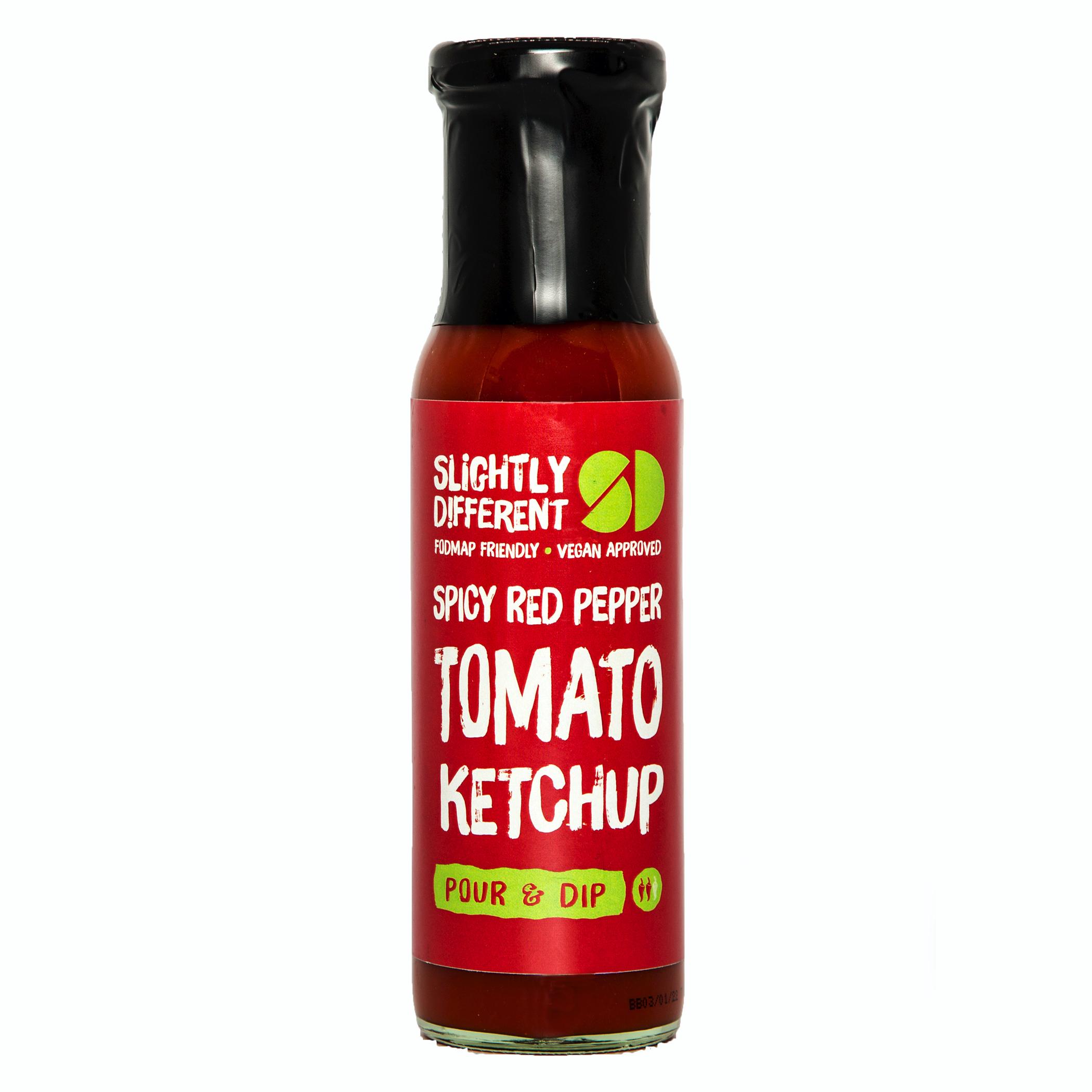 A bottle of Slightly Different's Spicy Red Pepper Tomato Ketchup