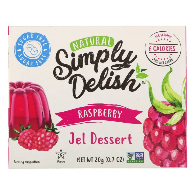 A box of Simply Delish Natural Raspberry Jel Dessert