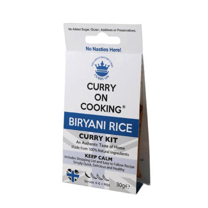A packet of Curry On Cooking's Biriyani Curry Kit, seen from the front
