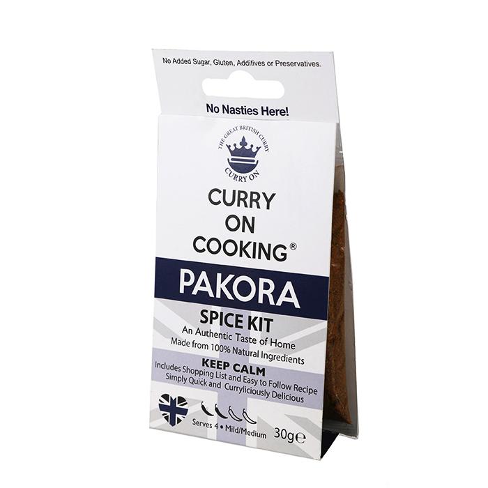 A packet of Curry On Cooking's Pakora Curry Kit, seen from the front