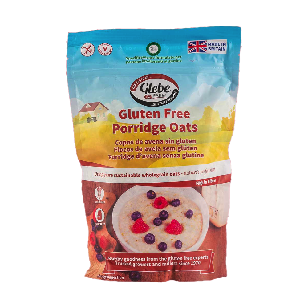 A packet of Glebe Farm porridge oats