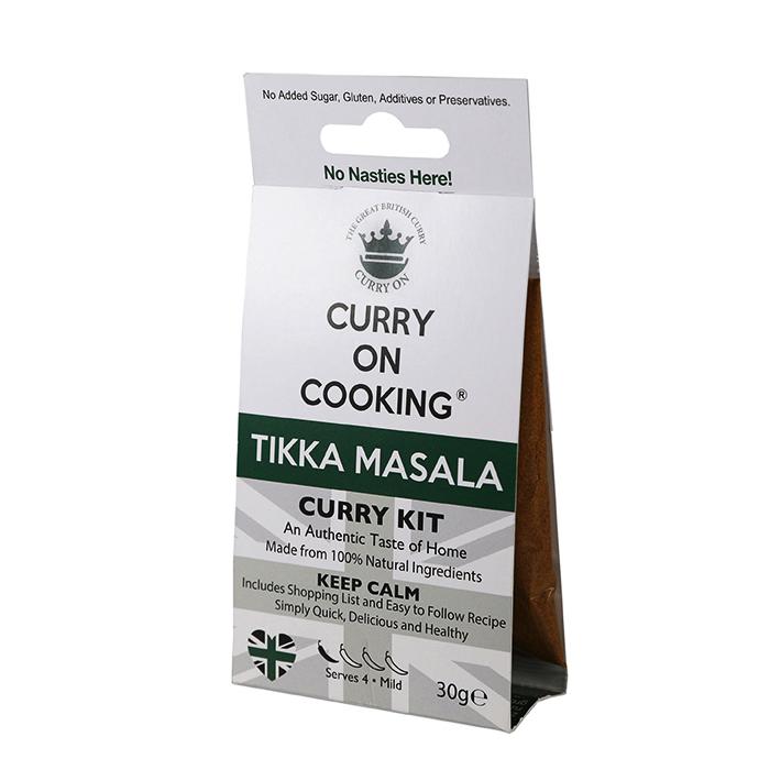 A packet of Curry On Cooking's Tikka Masala Curry Kit, seen from the front