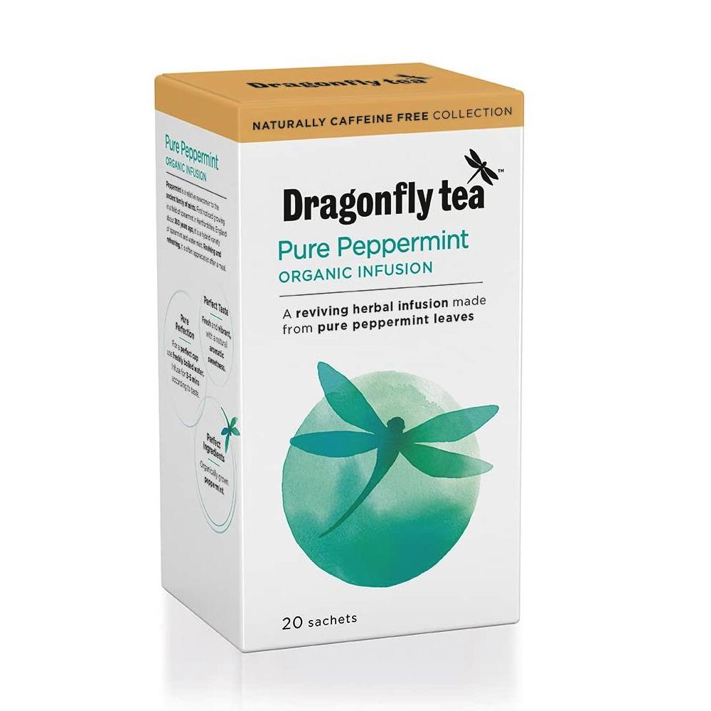 A box of Dragonfly pure peppermint teabags