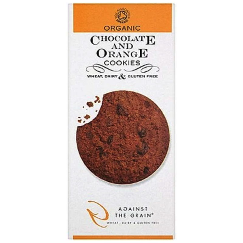 A box of Against The Grain Chocolate and Orange Cookies