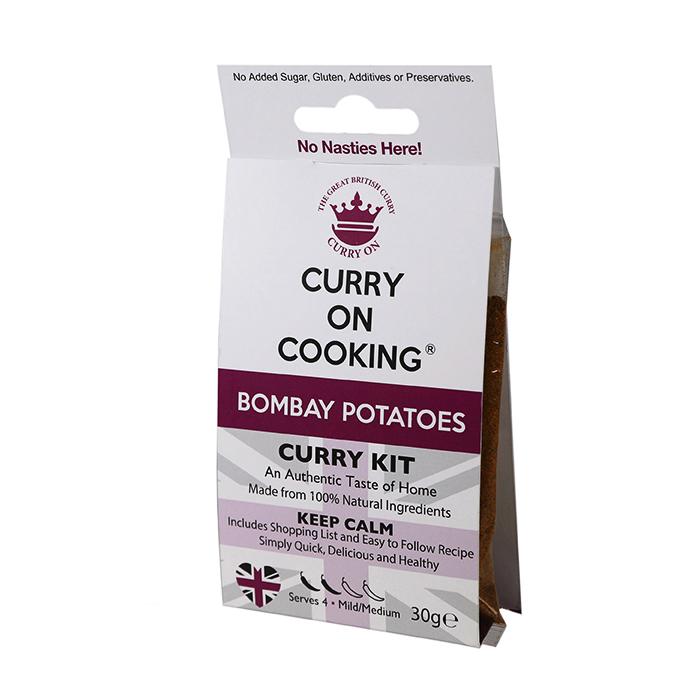 A packet of Curry On Cooking's Bombay Potato Curry Kit, seen from the front