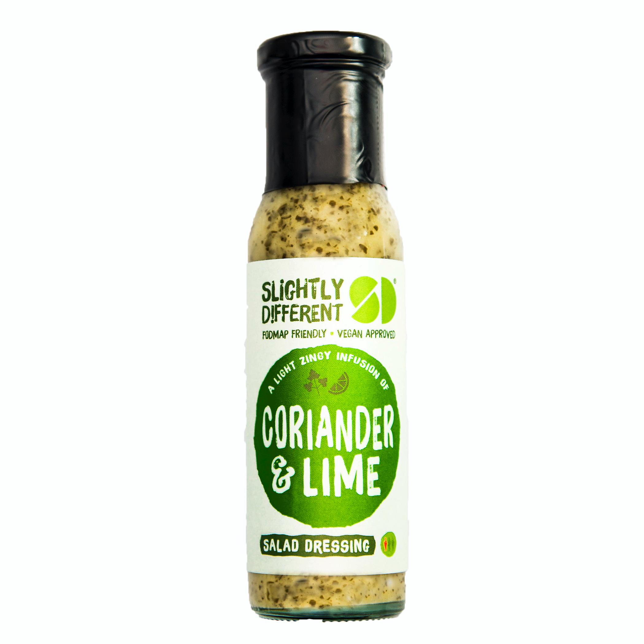 A bottle of Slightly Different's Coriander & Lime Salad Dressing