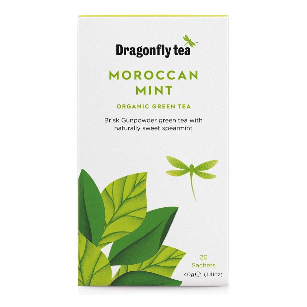 A box of Dragonfly moroccan mint green teabags