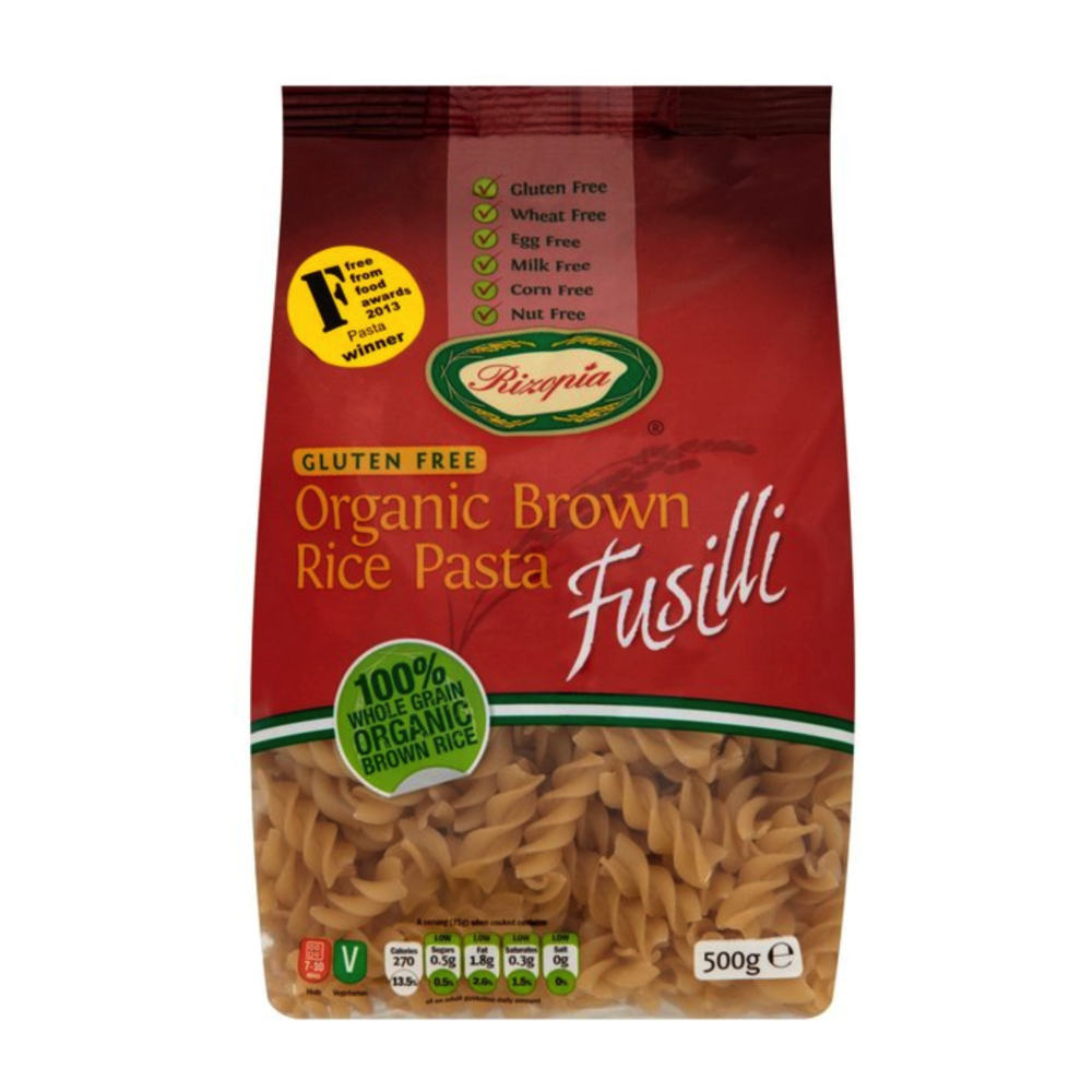 A bag of Rizopia Organic Brown Rice Fusilli