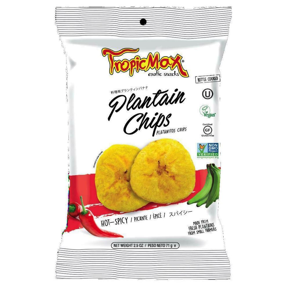 A packet of Tropicmax Spicy Plantain Chips
