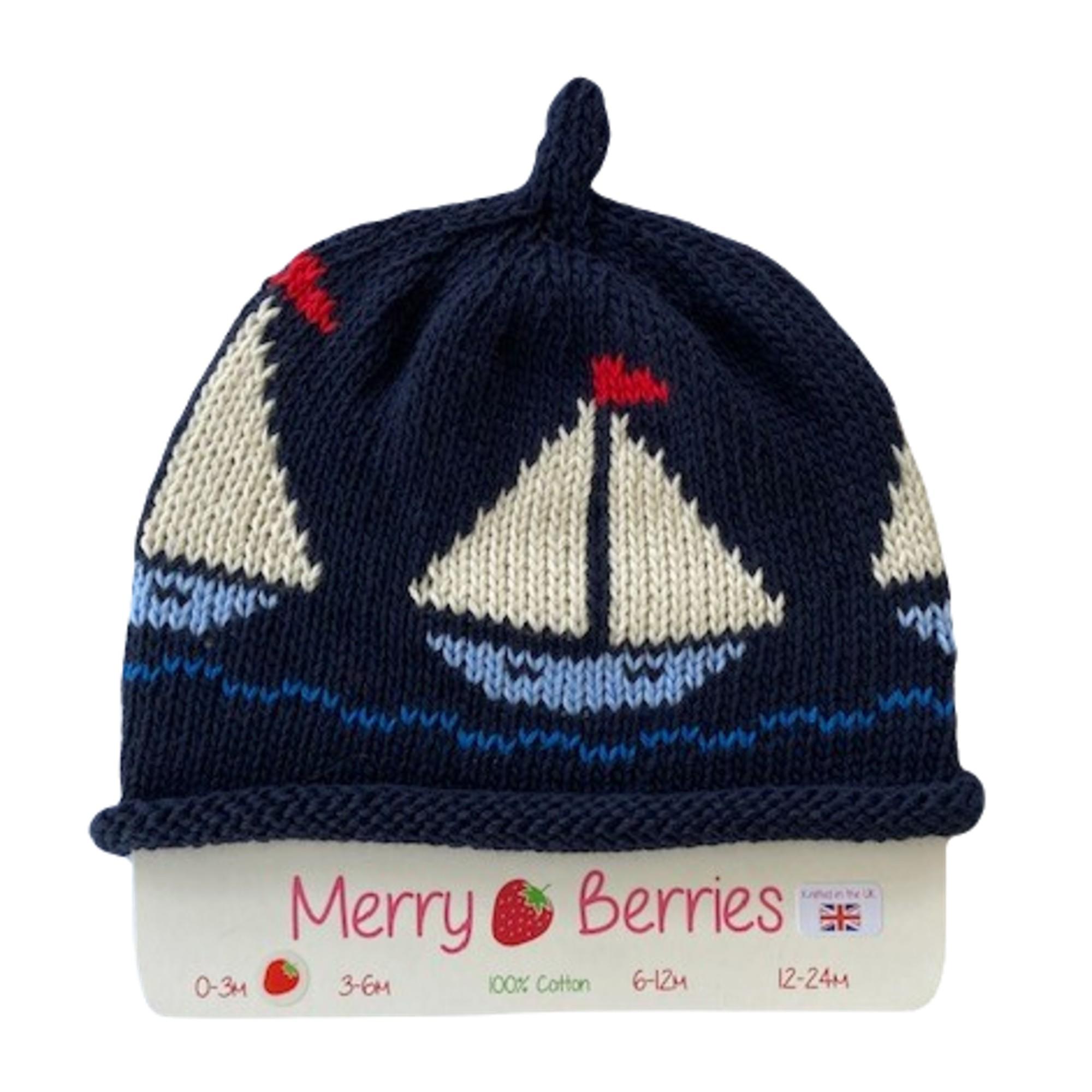 Merry Berries- Navy cream Boat Knitted Baby Hat- 0-24 Months- Cotton