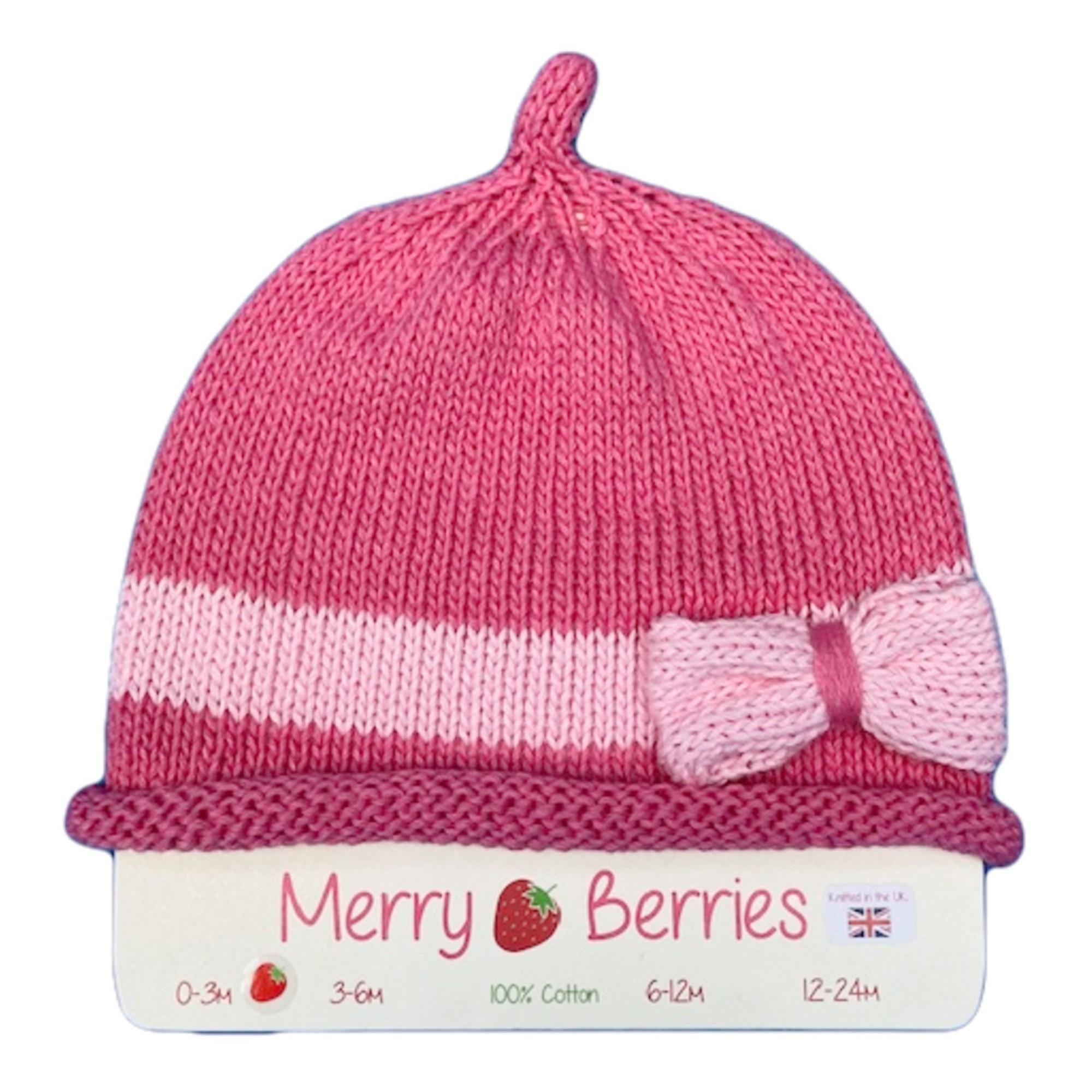 Merry Berries - Candy pink Bow Knitted baby Hat-0-24mths-Cotton