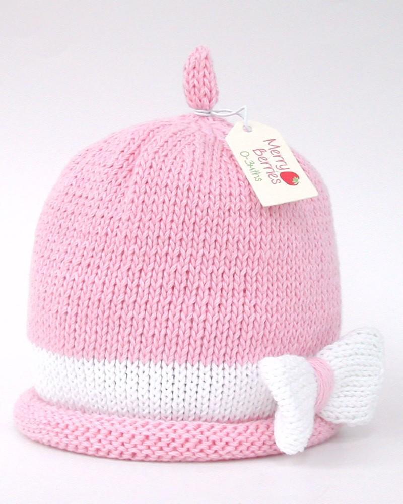 Merry Berries - Pink white bow Knitted baby Hat-0-24mths-Cotton-2
