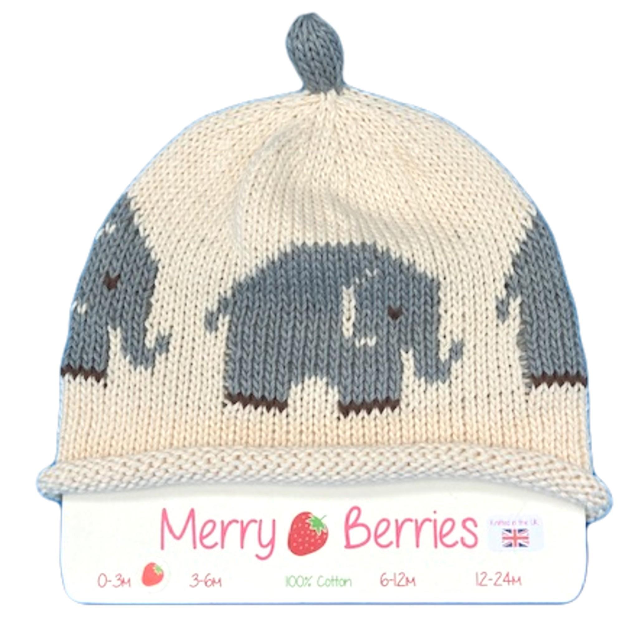 Merry Berries- Grey Elephant Knitted Baby Hat- 0-24 Months- Cotton