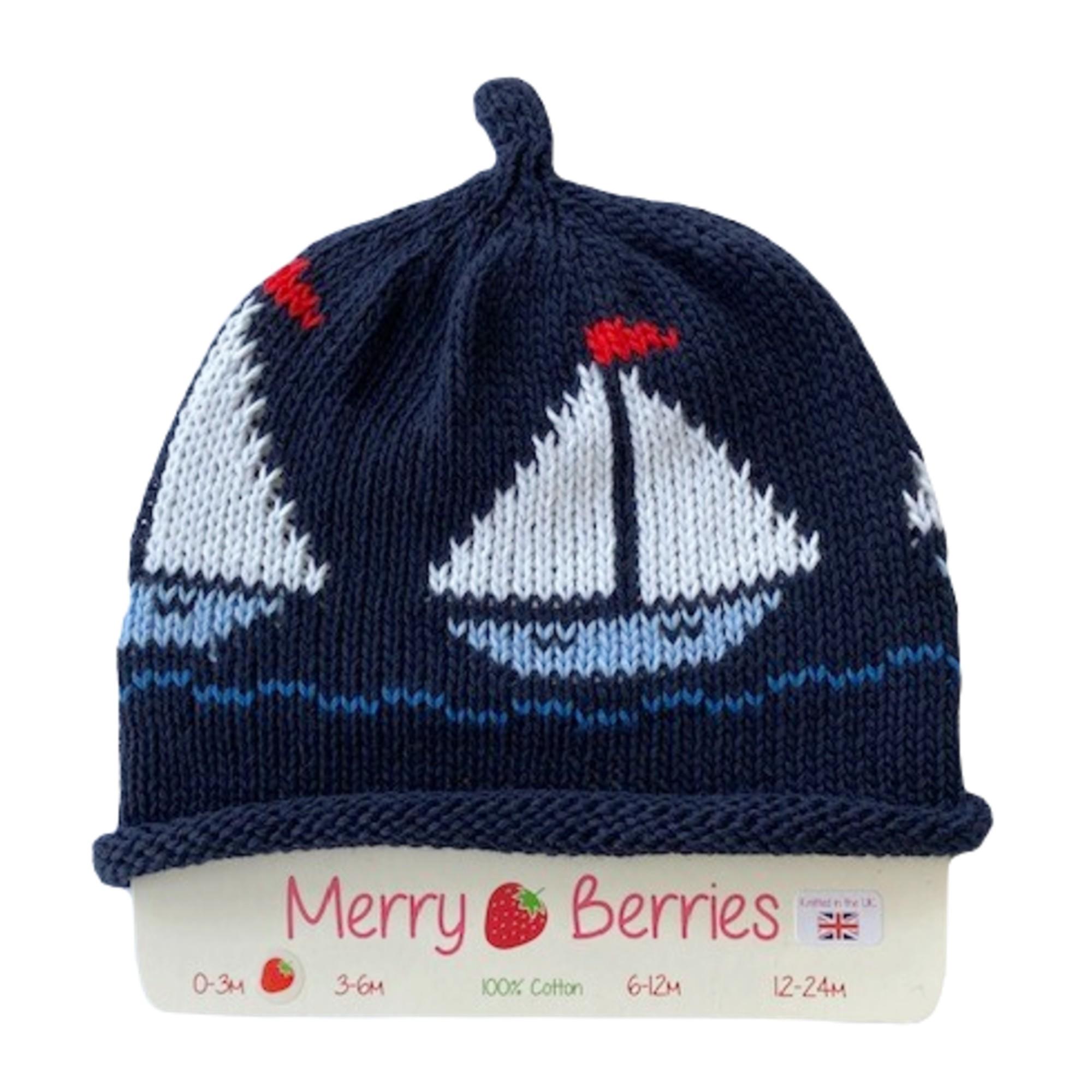 Merry Berries- Navy white Boat Knitted Baby Hat- 0-24 Months- Cotton