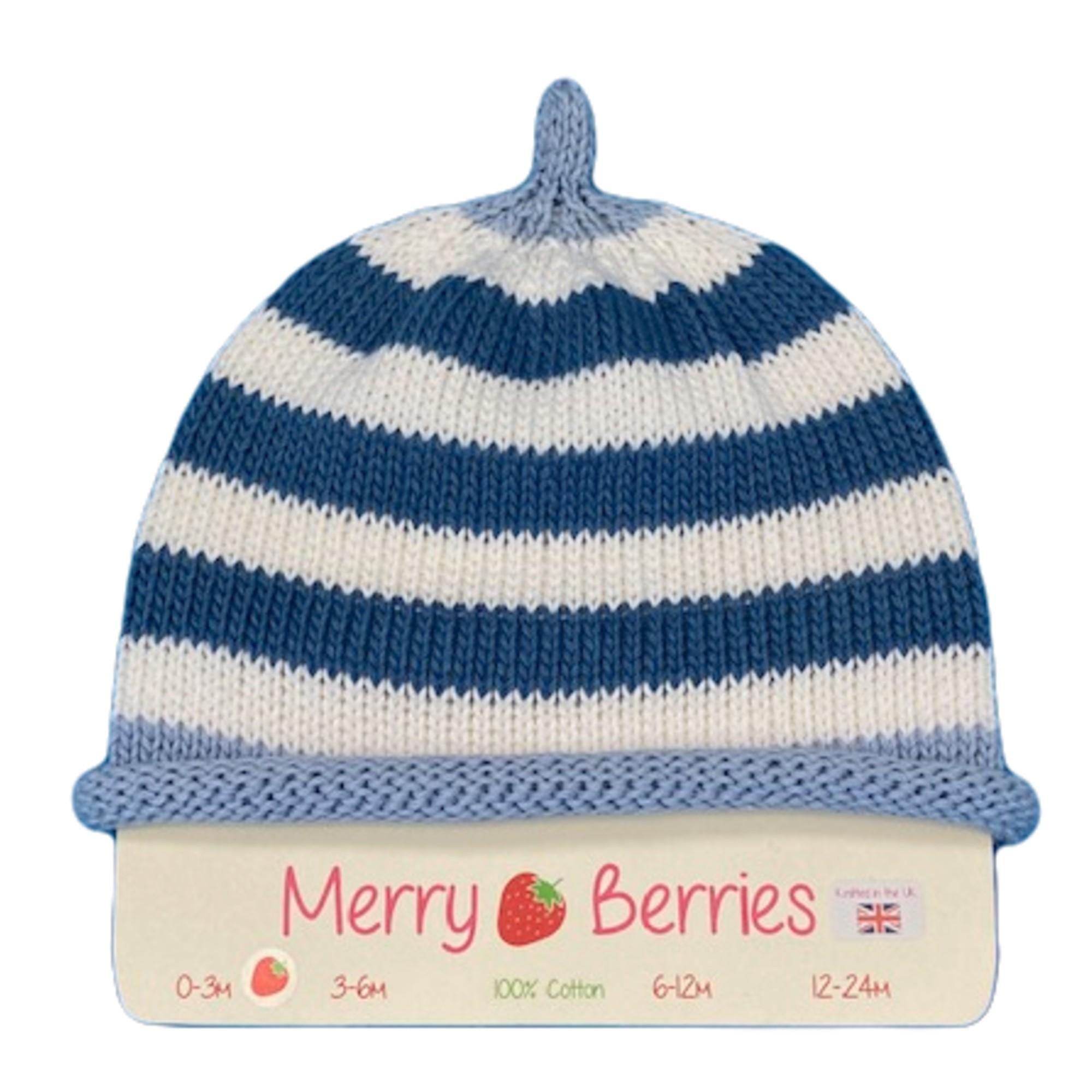 Merry Berries- Sky white royal striped Knitted Baby Hat- 0-24 Months- Cotton