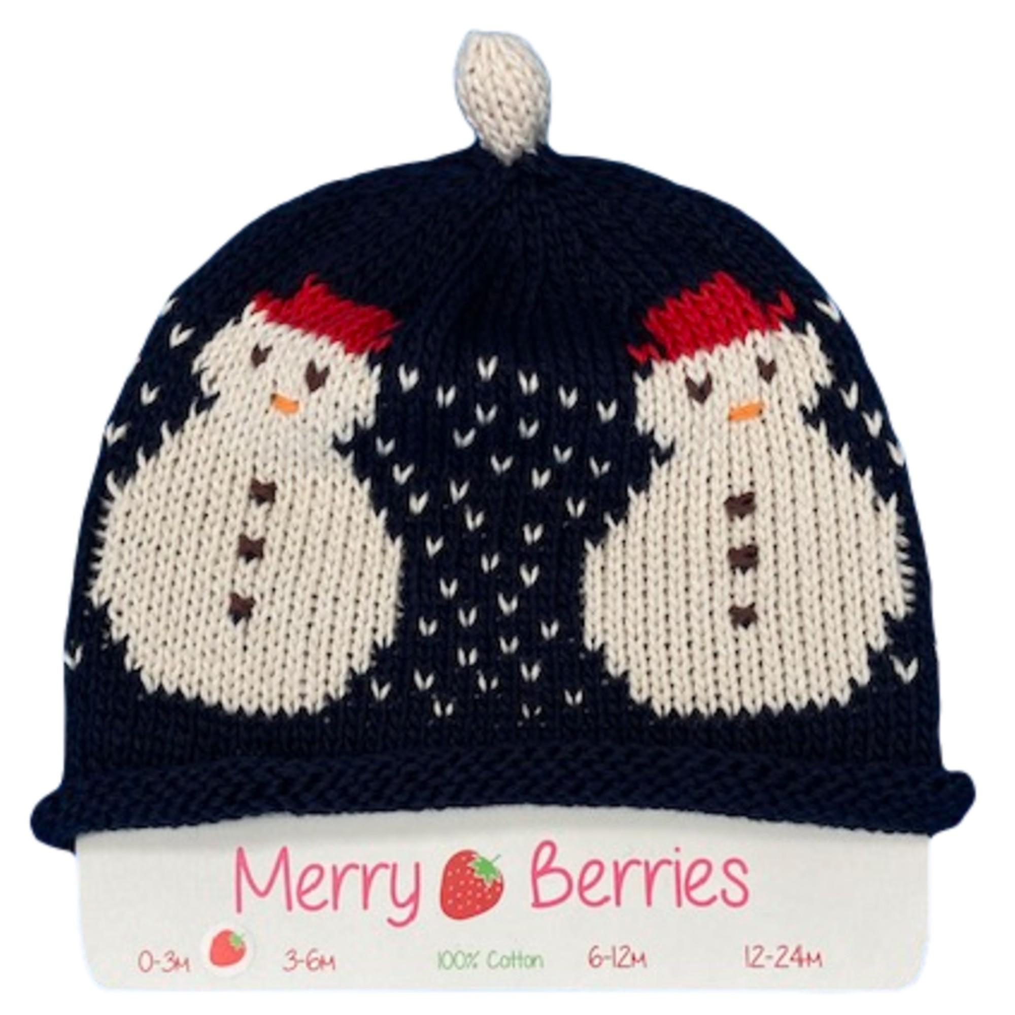 Merry Berries- Navy cream Snowman Knitted Baby Hat- 0-24 Months- Cotton