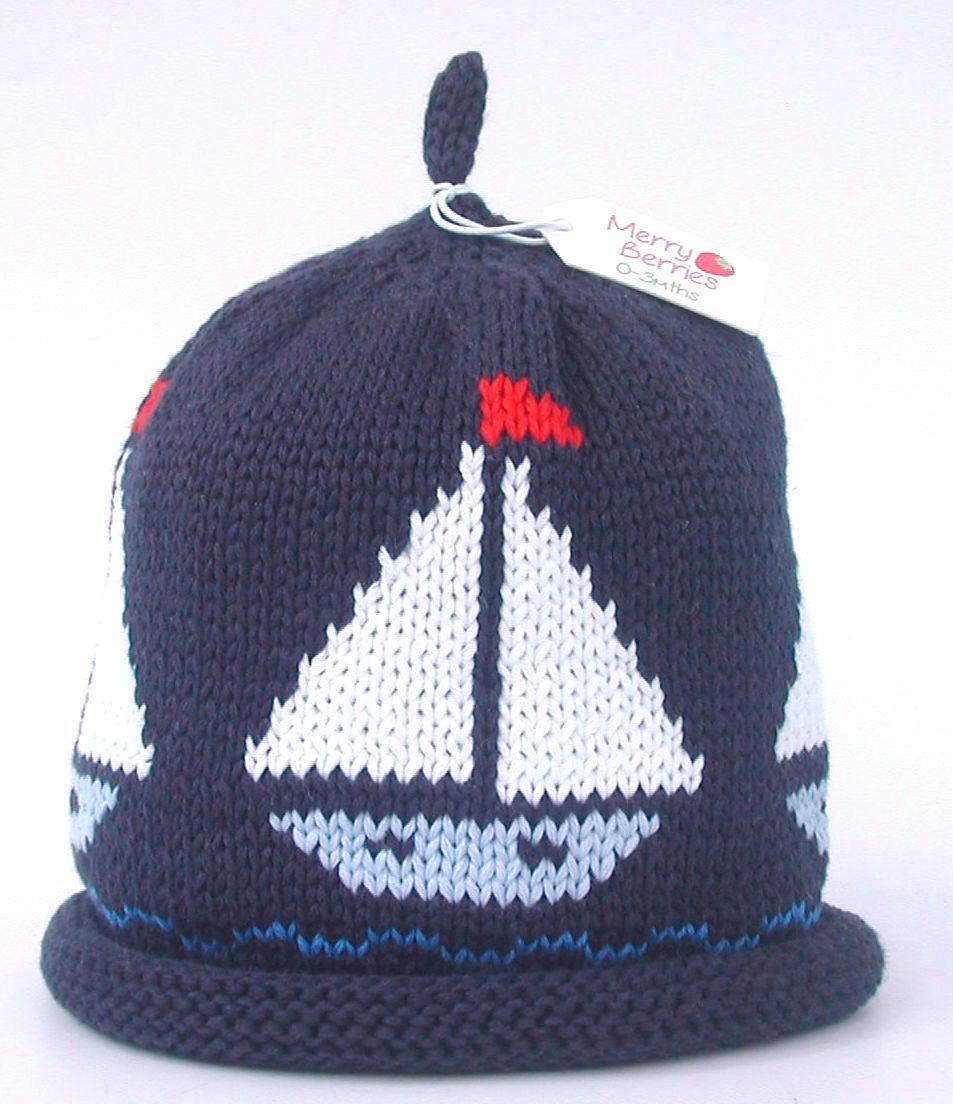 Merry Berries- Navy white Boat Knitted Baby Hat- 0-24 Months- Cotton-2
