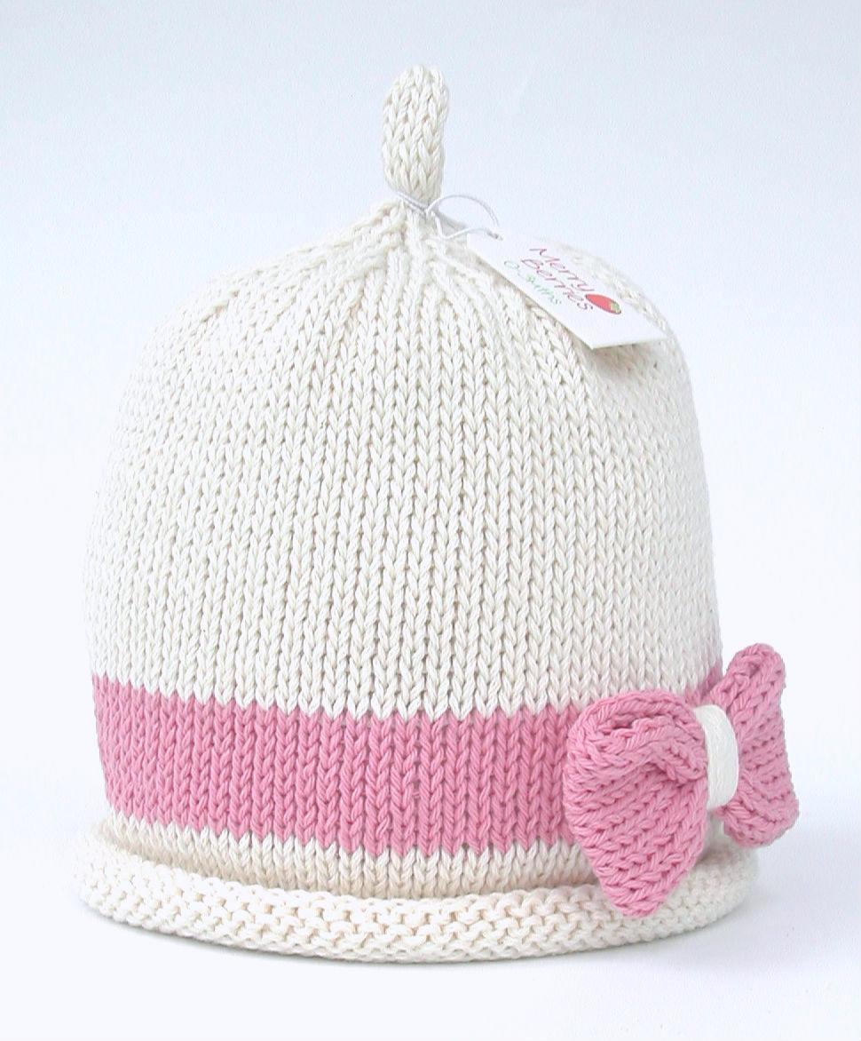 Merry Berries- Cream dusky pink bow Knitted Baby Hat- 0-24 Months- Cotton-2